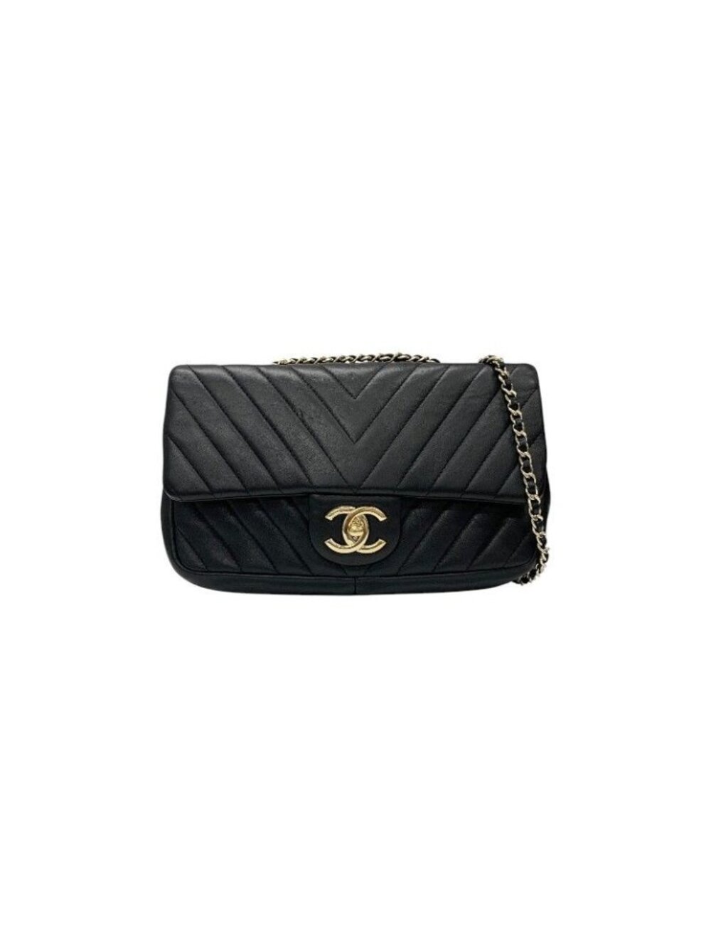 Chanel Shoulder Bag Black Gold Chez Blanc CC Logo Stitch Double Chain Turnlock